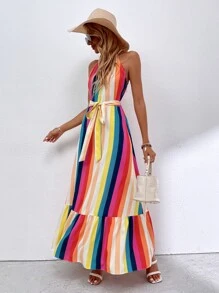 Rainbow Striped Ruffle Hem Dress - Multicolor - View 6