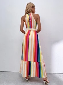 Rainbow Striped Ruffle Hem Dress - Multicolor - View 2