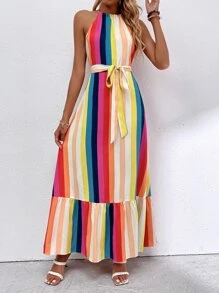 Rainbow Striped Ruffle Hem Dress - Multicolor - View 1