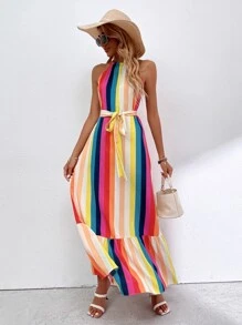 Rainbow Striped Ruffle Hem Dress - Multicolor - View 3