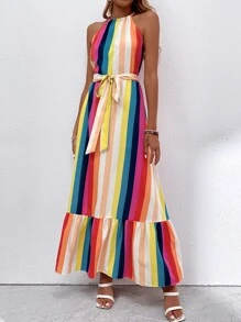 Rainbow Striped Ruffle Hem Dress - Multicolor - View 4