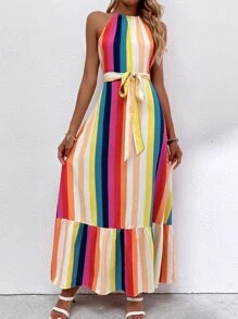 Rainbow Striped Ruffle Hem Dress - Multicolor - View 5