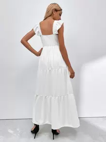 Breezaya Solid Shirred Detail Ruffle Hem Dress Maxi Vacation Beach Outfits Women - White - View 2