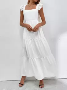 Breezaya Solid Shirred Detail Ruffle Hem Dress Maxi Vacation Beach Outfits Women - White - View 4