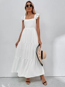 Breezaya Solid Shirred Detail Ruffle Hem Dress Maxi Vacation Beach Outfits Women - White - View 5