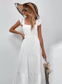 Breezaya Solid Shirred Detail Ruffle Hem Dress Maxi Vacation Beach Outfits Women - White - View 6