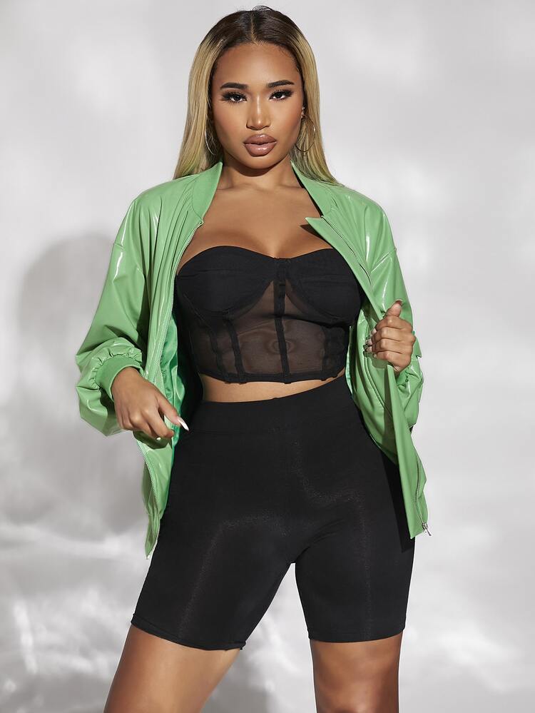 SHEIN SXY Women Jackets Kantong Zip Plain Casual - Hijau - View 4