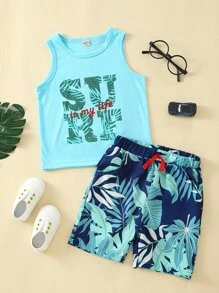 Bộ thời trang bé trai Thắt nơ trước Nhiệt đới Slogan Boho - Màu xanh lam - Xem 1