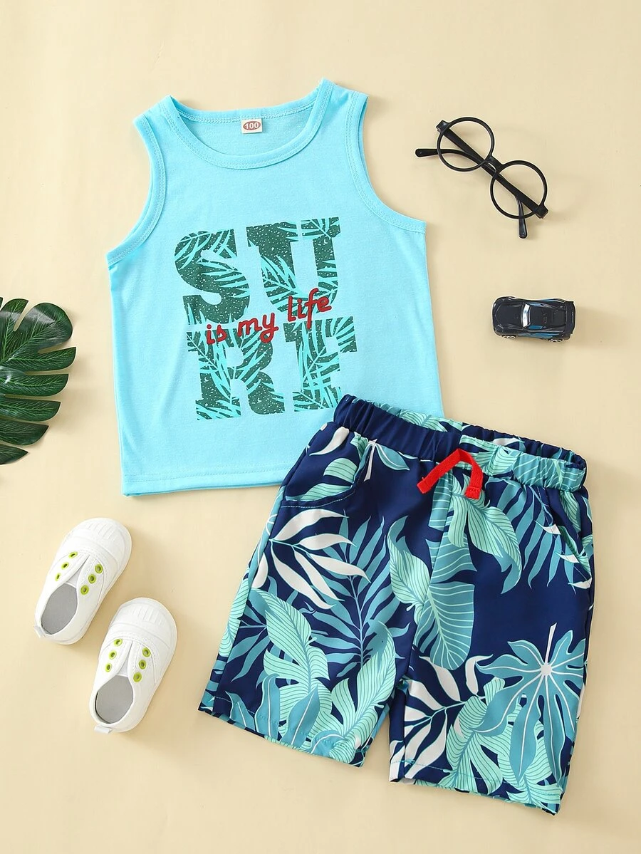 Bộ thời trang bé trai Thắt nơ trước Nhiệt đới Slogan Boho - Màu xanh lam - Xem 1