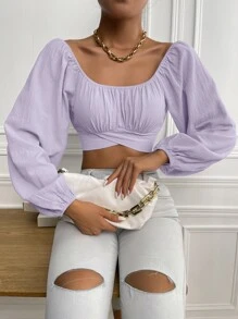 Chiquease 褶邊後打結短款襯衫 - 紫丁香色 - 查看 1