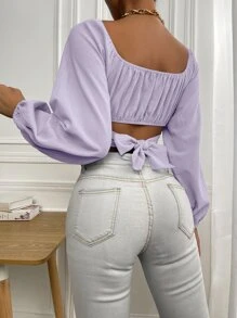 Chiquease 褶邊後打結短款襯衫 - 紫丁香色 - 查看 4
