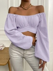 Chiquease 褶邊後打結短款襯衫 - 紫丁香色 - 查看 5