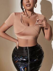 SHEIN Slayr Áo thun nữ Cắt ra màu trơn Gợi cảm - Màu Khaki - Xem 1