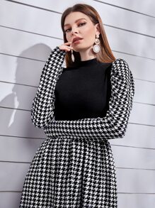 Modelyn Mock Neck Leg-Of-Mutton Sleeve Houndstooth Dress Long Evening Dresses - Black and White - View 3