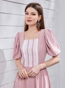 Mulvari Vestido de manga farol bajo con fruncido con encaje delantero - Rosa Pálido - Ver 3