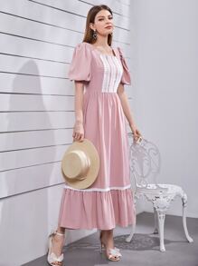 Mulvari Vestido de manga farol bajo con fruncido con encaje delantero - Rosa Pálido - Ver 4