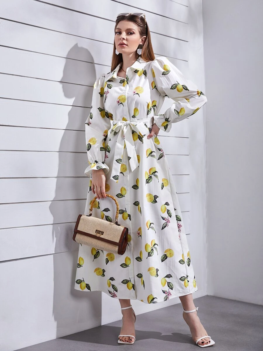 Mulvari Lemon Print Bell Sleeve Belted Shirt Dress - Multicolor - View 1