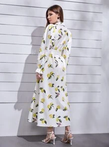 Mulvari Lemon Print Bell Sleeve Belted Shirt Dress - Multicolor - View 2