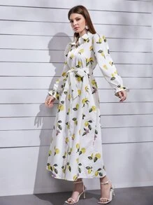 Mulvari Lemon Print Bell Sleeve Belted Shirt Dress - Multicolor - View 3