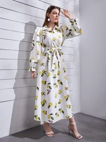 Mulvari Lemon Print Bell Sleeve Belted Shirt Dress - Multicolor - View 4