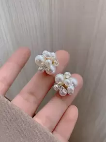 Faux Pearl & Rhinestone Decor Stud Earrings