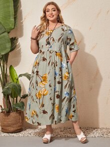 EMERY ROSE Plus A-Line Floral Print Dress - Multicolor - View 1