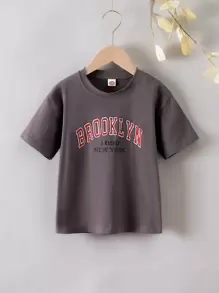 SHEIN Niñas Camiseta de hombros caídos con estampado de letra - Gris Oscuro - Ver 1
