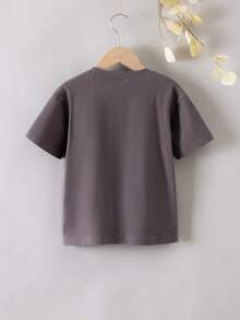 SHEIN Niñas Camiseta de hombros caídos con estampado de letra - Gris Oscuro - Ver 2