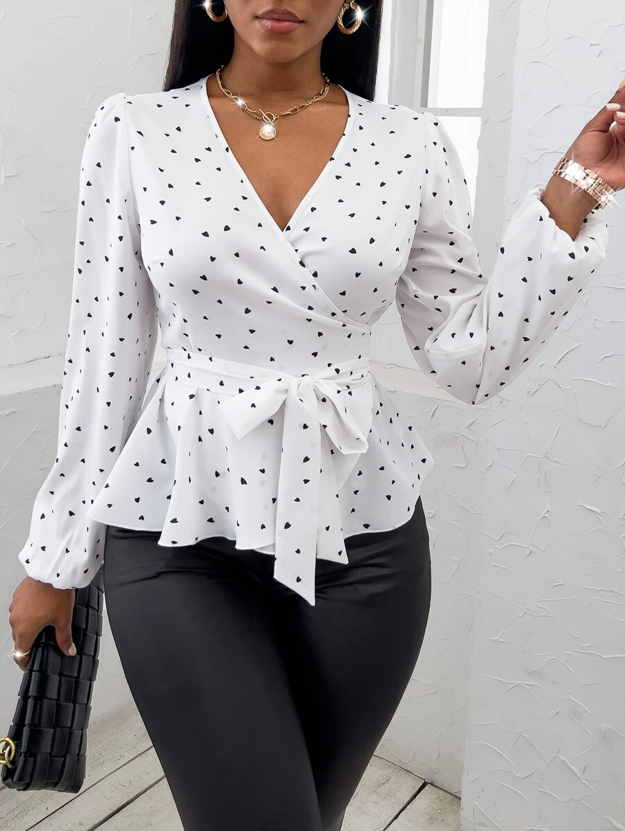 SHEIN SXY Random Heart Print Surplice Neck Belted Blouse - White - View 1