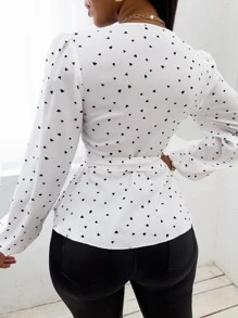 SHEIN SXY Random Heart Print Surplice Neck Belted Blouse - White - View 2