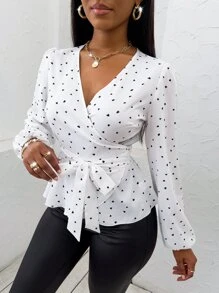 SHEIN SXY Random Heart Print Surplice Neck Belted Blouse - White - View 4
