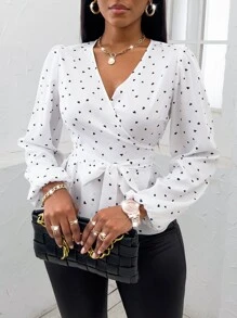 SHEIN SXY Random Heart Print Surplice Neck Belted Blouse - White - View 6