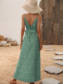 SHEIN VCAY Dalmatian Print Slit Hem Belted Cami Dress - Green - View 2