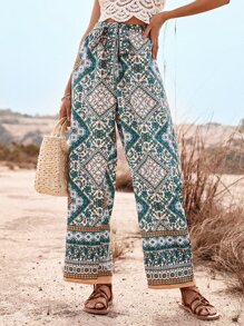 Breezaya Scarf Print Belted Wide Leg Trousers - Multicolor - View 1