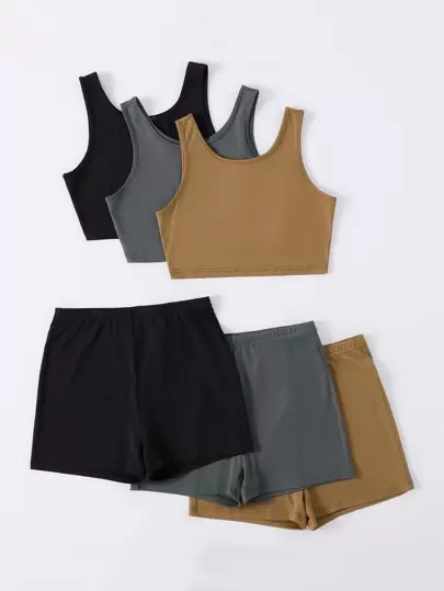 SHEIN Unity 3sets Solid Tank Top & Shorts