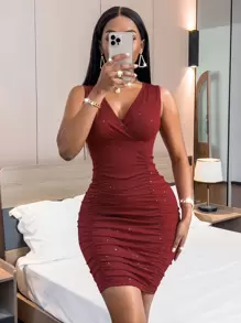 SHEIN SXY Rhinestone Ruched Bodycon Dress - Burgundy - View 1