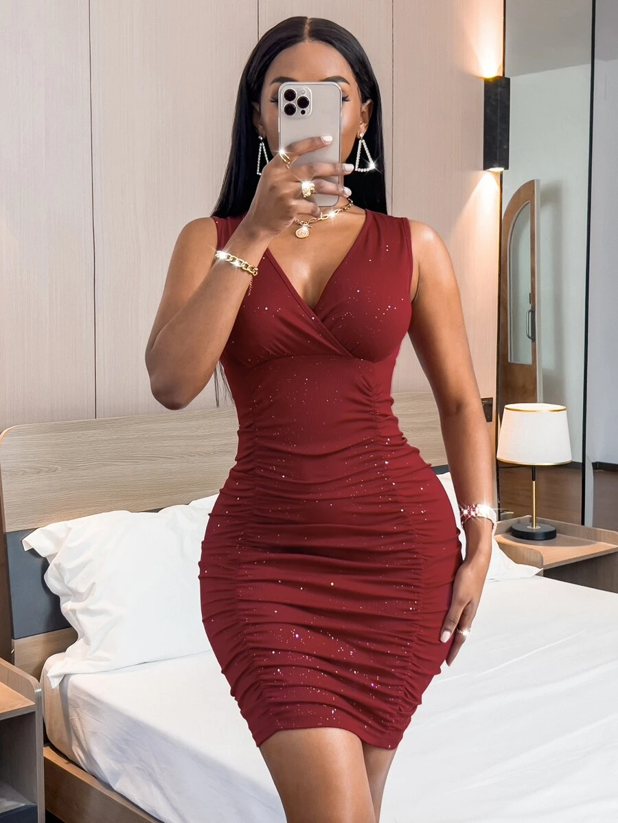SHEIN SXY Rhinestone Ruched Bodycon Dress - Burgundy - View 1