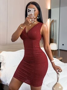 SHEIN SXY Rhinestone Ruched Bodycon Dress - Burgundy - View 6