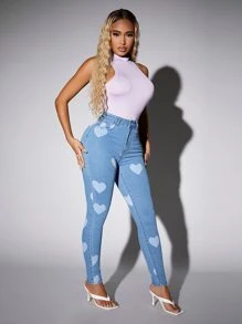 SHEIN SXY 滿版心形印花緊身牛仔褲 - 中等水洗藍 - 查看 3