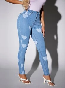 SHEIN SXY 滿版心形印花緊身牛仔褲 - 中等水洗藍 - 查看 4