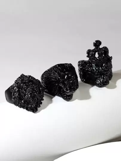 3 قطع خواتم رأس الأسد والذئب الرجعية، طقم خواتم رجالية موضة