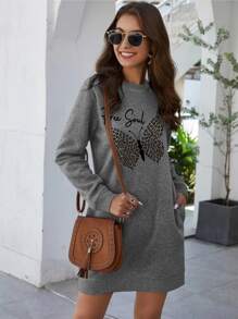 SHEIN LUNE Letter & Butterfly Print Sweatshirt Dress Pullover Fall Outfit - Dark Grey - View 1