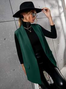 SHEIN Essnce Solid Shawl Neck Vest Blazer - Dark Green - View 1