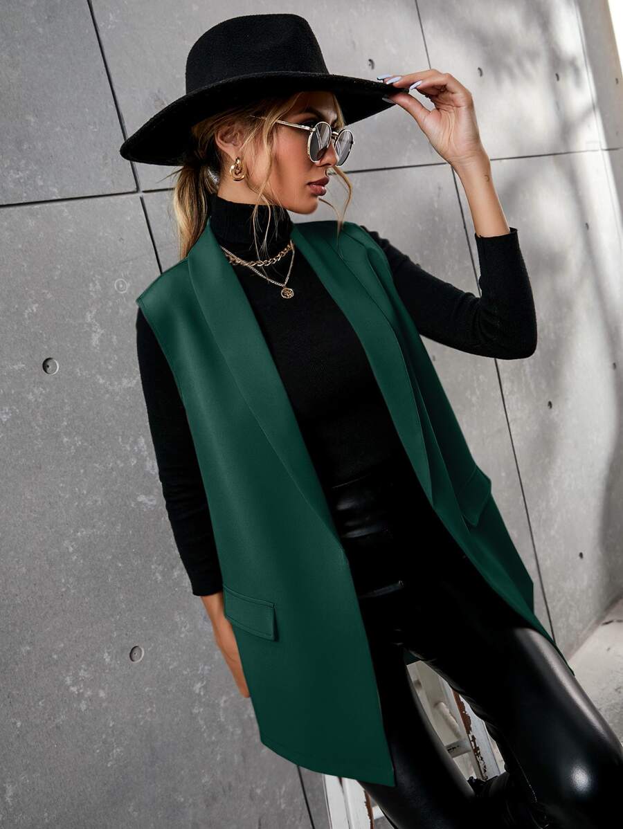 SHEIN Essnce Solid Shawl Neck Vest Blazer - Dark Green - View 1