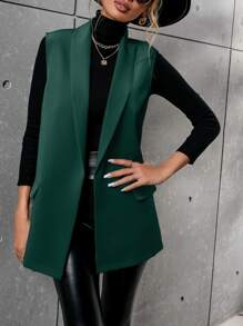 SHEIN Essnce Solid Shawl Neck Vest Blazer - Dark Green - View 3