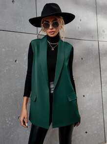 SHEIN Essnce Solid Shawl Neck Vest Blazer - Dark Green - View 5