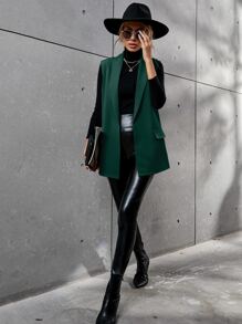 SHEIN Essnce Solid Shawl Neck Vest Blazer - Dark Green - View 6