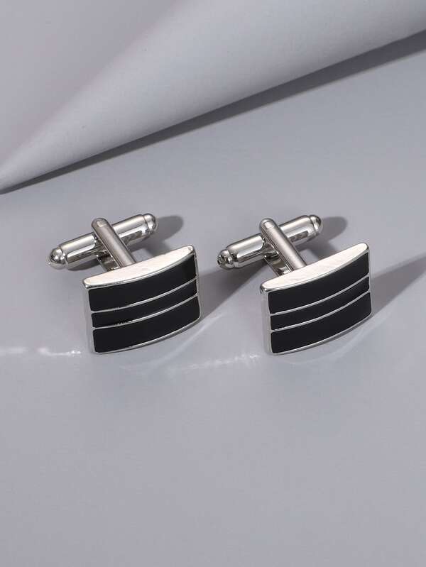 1对时尚简约条纹金属袖扣，商务着装配饰，适合婚礼、父亲节、生日礼物