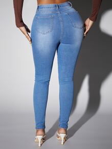 SHEIN SXY Quần jean nữ Nút Túi Dây kéo màu trơn - Rửa trung bình - Xem 2