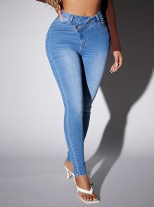 SHEIN SXY Quần jean nữ Nút Túi Dây kéo màu trơn - Rửa trung bình - Xem 4